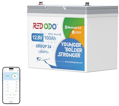 Redodo Batteria Litio 12V 100Ah con Bluetooth per Motore di Pesca(20-70Ib) | BIC Group24, BMS 100A, 1280Wh, Basse Temperature, IP65 Impermeabile, 4000 Cicli Adatta Anche per Camper, Campeggio, Marina