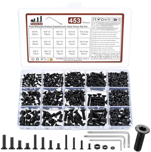 450 Pezzi Set di Viti M3 M4 M5, Viti Bulloni a Testa Piatta Torx e Dadi, Viti a Testa Svasata Torx e Dadi, Viti e Dadi, Viti Bulloni Torx a Testa Piatta Nere per Riparazione, con Chiave