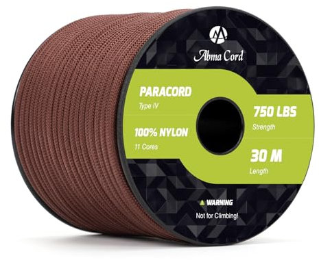 Abma Cord 750lb Paracord 4mm 30M 100% Nylon Corda Tipo IV 11 Fili Grado Militare Corda da Paracadute - Max. 340 kg - Marrone Cioccolato