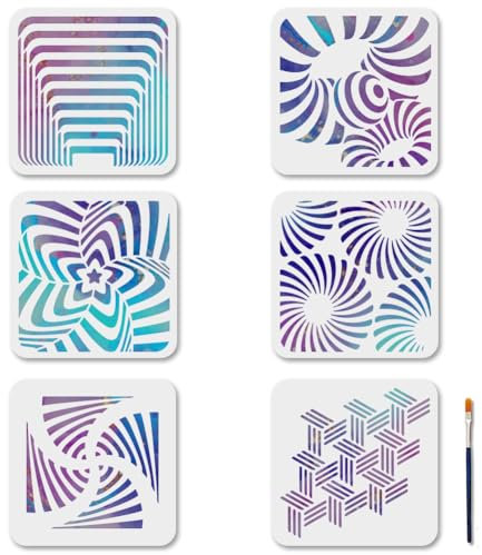 MAYJOYDIY 6 Stil Geometrische Schablone Optische Täuschung Malschablonen 20 × 20cm Kunstdesign Wiederverwendbare Kunststoffvorlagen Mit Pinsel Zum Basteln Auf Fenster Holz Wand Heimdekoration DIY