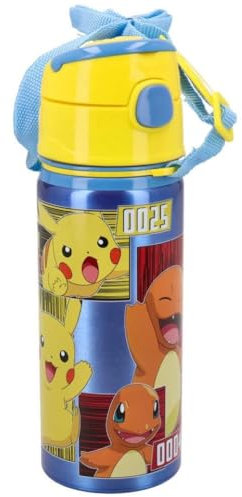 Borraccia in alluminio con cannuccia 600 ml bottiglia con apertura automatica per bambini (Pokémon)