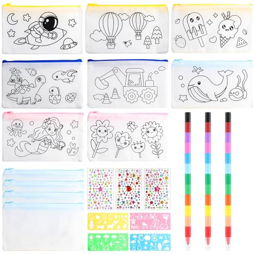 guobinZH 12 Stück Federmäppchen Zum Bemalen für Kinder DIY Stofftaschen zum Bemalen Set 3 Wachsmalstifte Stapelbar 12 Farben in 1 und 4 Malen Schimmel für 6-12 Jahre Mädchen Jungen Gastgeschenk Party