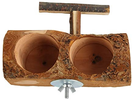 Qukaim Papageienkäfig Futterbecher aus Holz, Papageienkäfig Futterbecher, Doppelnapf Vogelfütterung, Bewässerungsschale Becher mit Stab, ideal für Papageien und andere Vögel, 11,4 x 6,3 cm