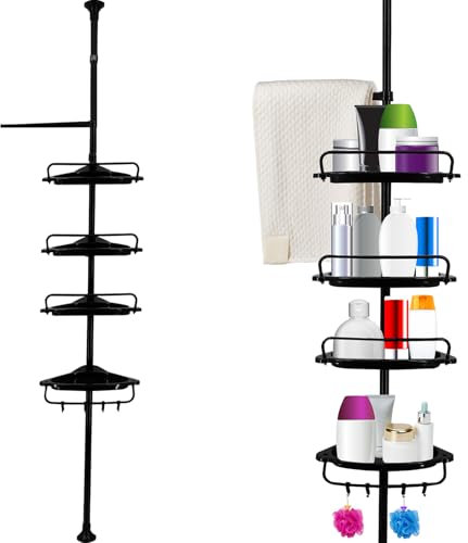 Crystals 4-Tier Corner Shower Caddy – Adjustable Telescopic Bathroom Organizer, 95-300 cm Corner Shower Shelf, Space-Saving Storage for Toiletries, Durable Design (Black)