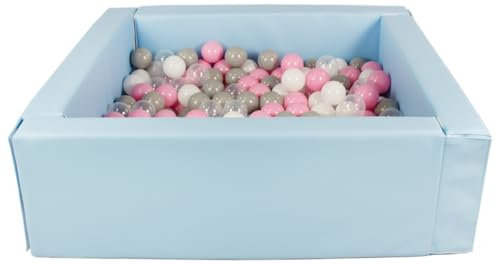 Velinda Piscine à balles carrée avec 300 balles, Cuir écologique, 5 éléments (Couleur de la Piscine/de balles: Bleu Clair/Blanc, Transparent, Rose Clair, Gris)