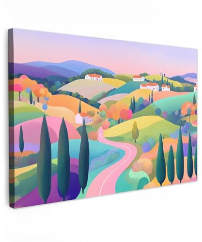MuchoWow© Impression sur Toile Decoration Murale Peinture 120x80 cm Tableaux Decoratifs Muraux Déco Chambre Tableau Salon Paysage - Violet - Pastel - Maisons
