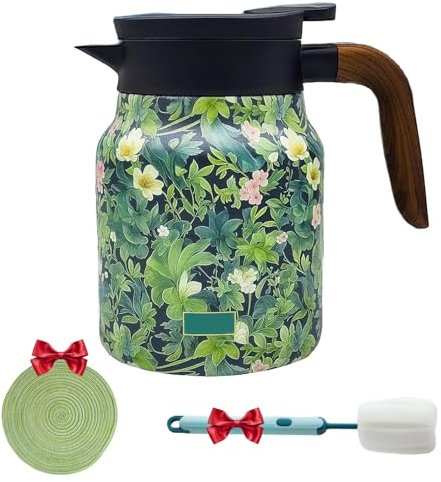 1000 ml Stainless Steel Thermal Jug with Vintage Floral Pattern & Integrated Herbal Tea Strainer - Insulated Warming Jug for Hot and Cold Drinks, Double Filter Technology + Elegant Design (Green)