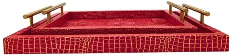 2 x Serving Trays Red with Golden Design & Handles | Elegant Food & Drink Serving Tray Set for Tea, Coffee, Meals, Snacks – Large & Small Sizes | Decorative Home, Restaurant & Catering Trays