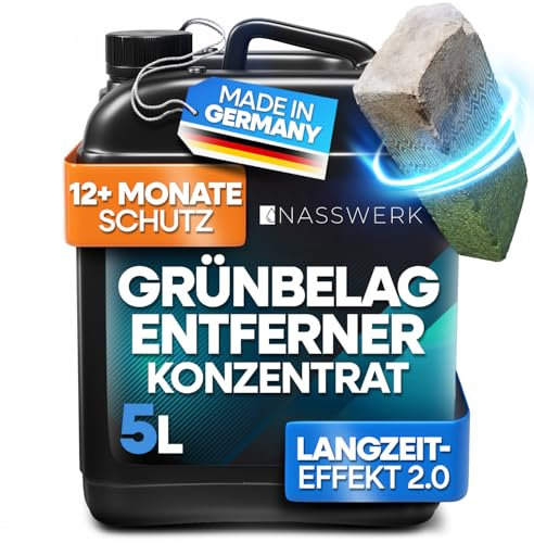 NASSWERK® Grünbelagentferner Konzentrat 5L mit GreenGuardPro-Formel I Steinreiniger intensiv Aussen für Grünbelag, Moos & Flechten | Moosentferner Steindusche für Pflastersteine, Naturstein & Dach