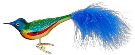 Christbaumschmuck Vogel auf Clip 11cm mundgeblasenes Glas handbemalt - Glasfigur Dekovogel mit Glitzer und Federschwanz auf Klammer - Weihnachtskugeln - Vögel Deko Bunt Exotisch