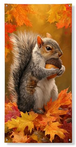 Herbst-Eichhörnchen-Türabdeckung, Banner, dekorativ, bunte Blätter, Waldtiere, Haustür-Dekoration, für drinnen und draußen, saisonaler Herbsthintergrund, 91,4 x 183,9 cm