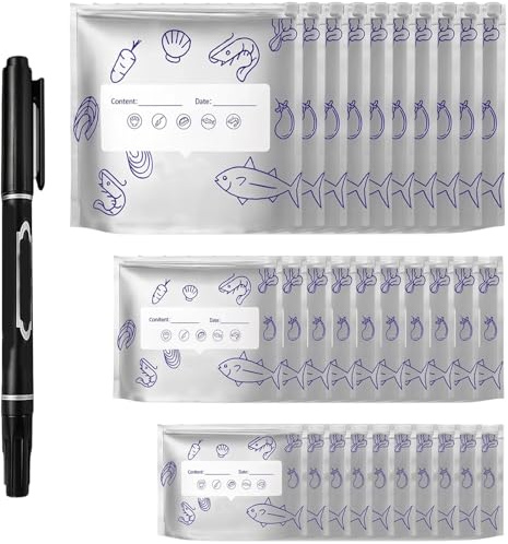 31 Pack Reusable Freezer Bags, Foil Bags with Zip Lock and Label for Food Storage, Aluminium Foil Sealable Storage Bag Set for Meal Prep, Freezing, Picnic, Travel（S+M+L）