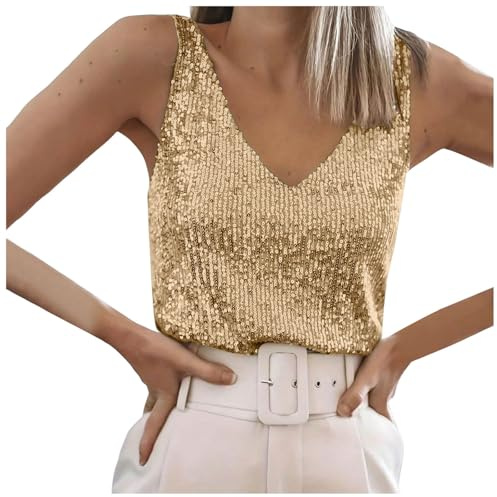 Damen Tanktops Pailletten Damen Glitzer Oberteile Tank Party Disco Weste Abend Glitzertop V-Ausschnitt Ärmelloses Top Spaghettiträger Blusen Mit Schimmernden
