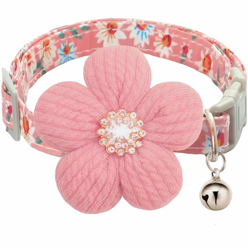 Collier pour Petit Chien avec Feur, Collier Petit Chien, Colliers pour Chat avec Fleurs Mignon, 3D Colliers Réglables avec Clochette des Diamants, pour Petits Chiens, Chats (Rose)