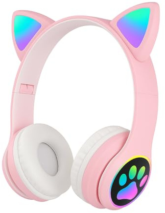 Pink Cat Ear Wireless Bluetooth Headphones for Kids & Girls – LED Light Up Over-Ear Gaming Headset, Adjustable Safe Volume Foldable School Travel Tablet iPad Teen Gift Ages 7-12