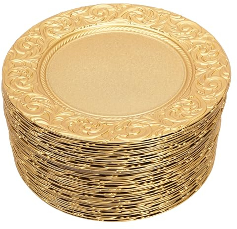 Set di 50 sottopiatti rotondi decorativi in plastica da 33 cm, per matrimoni ed eventi, colore argento