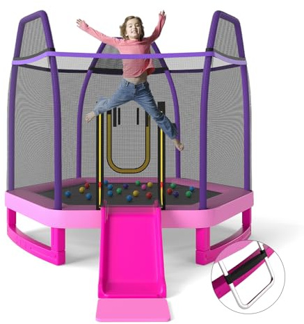 COSTWAY 7ft Kids Trampoline, Hexagonal Trampolines with Slide, Ladder, Safety Enclosure Net and Ocean Balls, Toddler Jumping House for Indoor Outdoor