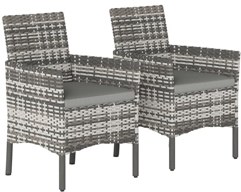 Outsunny 2er Set Gartenstuhl Polyrattan Gartenmöbel mit 2 Sessel Abnehmbaren Kissen Stahlrahmen, Leicht Outdoor Gartensessel Gartenstühle Balkonstuhl für Garten Balkon Terrasse Grau