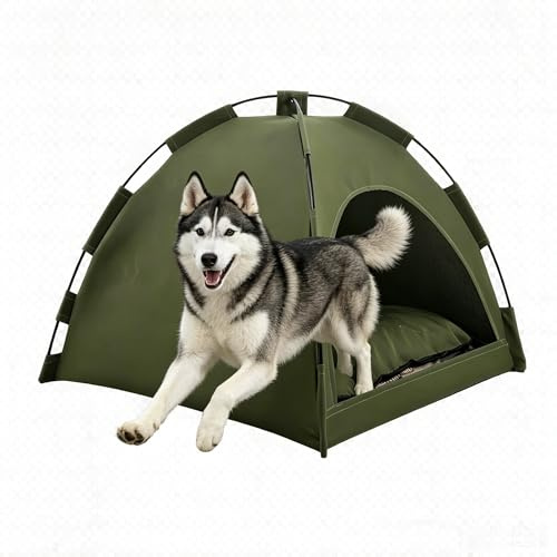 Tipi Zelt für Haustiere Hundezelt Katzenzelt mit Plüschkissen Haustierzelte Häuser für Katzen und Hunde Wegklappen Hundehöhle und Haustierhäuser (Armeegrün, L:50 * 50CM(passend für Haustiere 7,5 k)