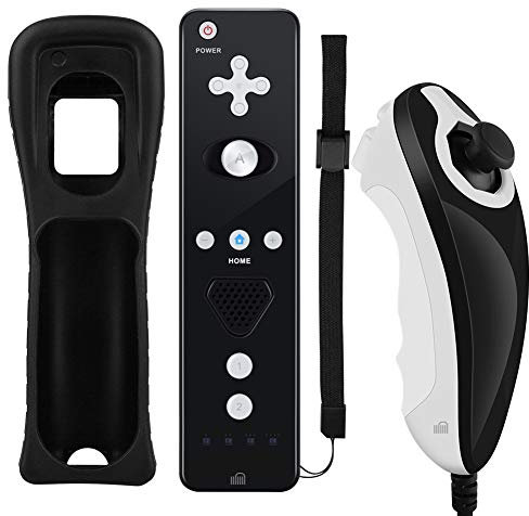GN-010RN DB Unique Design Built-in Motion Plus Wireless Remote and Nunchuck Controller with Silicone Case & Wrist Strap for Nintendo Wii and Wii U (Design-B Black)