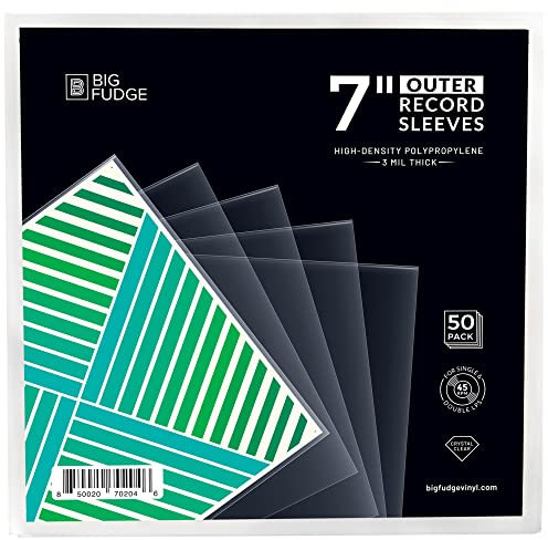 BIG FUDGE Vinyl Record Outer Sleeves - 7 inch x 50pcs - Clear LP Album Covers Made of High-Density Polypropylene Plastic - Durable & Wrinkle-Free - 3 mil Thick, 7.42 x 7.42