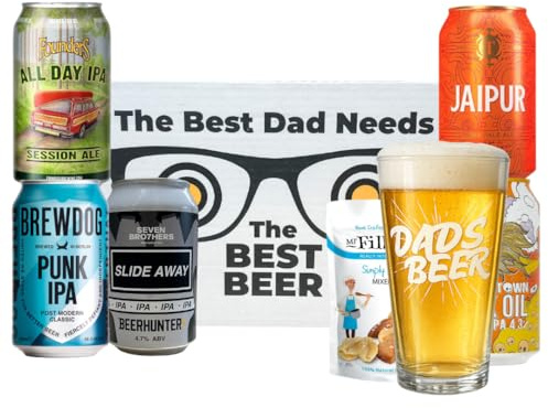 IPA Craft Beer ‘Best Dad’ Gift Set with Branded Glass & Pub Snacks – 5 Can Selection from BrewDog, Thornbridge, Freedom, Founders, Vocation & Seven Bro7hers | Gift for Dad, Birthday Hamper