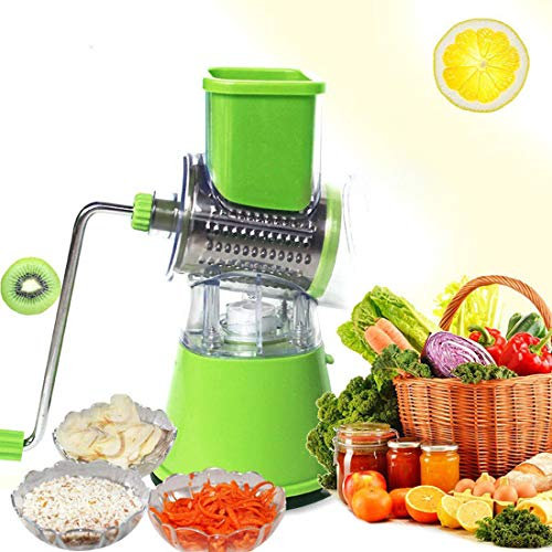 KUANDARg Seguridad Máquina Multifuncional para Cortar Verduras Y Frutas Tipo Tambor Giratorio Rallador De Queso con 3 Cuchillas Giratorias Rallador Manual La Seguridad Multifuncional, Green