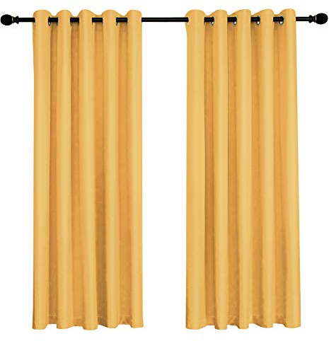 Matt Satin 100% Thermal Blackout Ochre Yellow Eyelet Curtain Extra Wide Floor Window Treatment Drapes 2 panels for Bedroom, Livingroom, Kids Nursery Room W66 x L72 inch Satin Curtains (Ochre, 66x72)