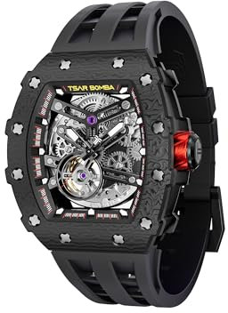 TSAR BOMBA Herren Uhr Automatik Tonneau Skelett Luxus Armbanduhr 50M Wasserdichter Analoge Mechanische Tauchen Quadratische Hohle Watch Japanisches Uhrwerk Saphirspiegel Silikonband