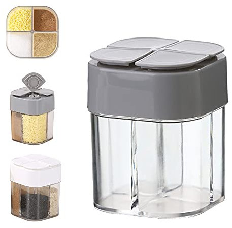 Multi Spice Container Clear Seasoning Rack Spice Pots Bottles 4 in 1 Salt and Pepper Shaker Empty Dispenser with Adjustable Holes Transparent Cooking Seasoning Box (Grey)