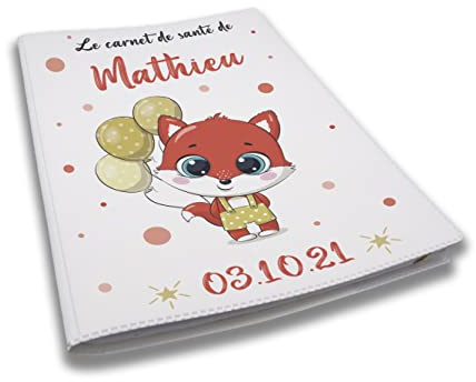 Protège carnet de santé personnalisé, idée cadeau personnalisable bébé, cadeau naissance original, Housse carnet de santé Renard Ballons - CL0008a (Blanc)