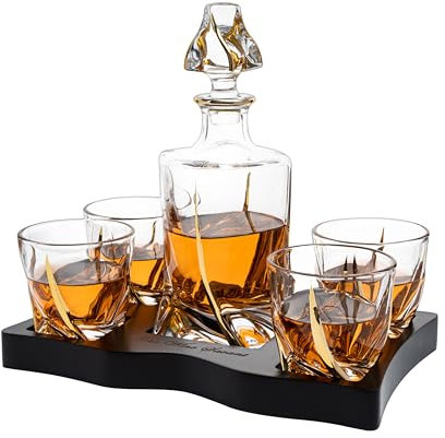 European Style Gold Wine & Whiskey Gold Twist Spiral Decanter 855ml with 4 Glasses & Wood Tray Set by The Wine Savant - For Home Bar Liquor, Spirits, Scotch, & Bourbon Gift for Him