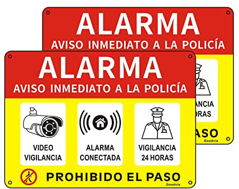 Goodvia Alarma de Aluminio Reflectante 18x25 cm, Placa Conectada de Videovigilancia Metálica, Cartel Prohibido el Paso Propiedad Privada, Duradero, Impermeable y Resistente UV, 2 Unidades