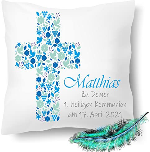 Print Deluxe Kommunion Geschenk, bedrucktes Kissen personalisiert mit Namen und Datum |Geschenk Idee,Dekokissen | Kuschelkissen 40X40 Bedruckt | Kissenbezug (mit Kissenfüllung, Blau/Grün)
