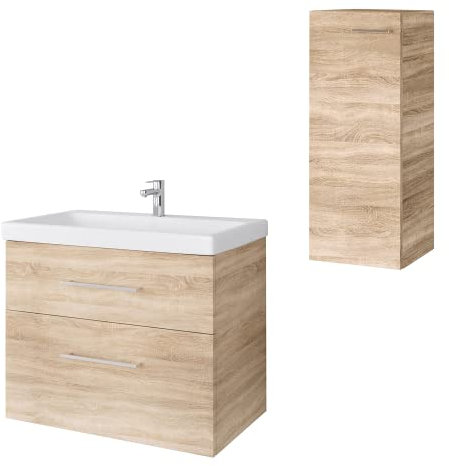 Planetmöbel Badmöbel Set Waschtisch mit Unterschrank 63 x 60 x 36,5 cm, inkl. Midischrank, moderner Waschbeckenunterschrank für Badezimmer, Gäste Bad & WC, Sonoma Eiche
