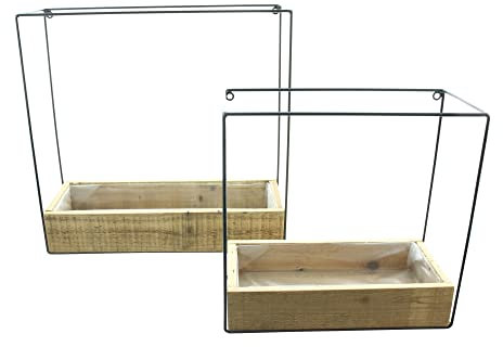 FRANK FLECHTWAREN Wandpflanzer Modern Look, 2er Set, recyceltes Holz, Mattschwarz lackiertes Metall, ausgeschlagen mit Folie, Maße: 31 x 13 x 30 cm, 36 x 13 x 36 cm