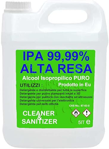 Detergente Isopropilico Ipa Puro al 99,9% Alcool 2-propanolo, isopropanolo, Alcol Isopropilico 5Lt Prodotto Multiuso, Casa, Ufficio, Elettronica, Pulizia Stampanti 3D