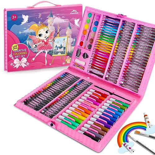 WEEKSUN 168 Stück Malset für Kinder, Deluxe Malkoffer mit Aluminiumbox, für Schloss-Thema, Zeichenset mit Ölpastellkreiden, Buntstiften, Markern, Aquarellkuchen usw, für Kinder Anfänger
