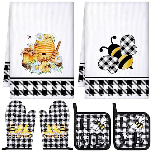 Bencailor 6 Pcs Bee Kitchen Decor Kitchen Towel Oven Mitts and Potholder Set Sunflower Bee Christmas Pot Holder Dish Towel Heat Resistant Hot Pad for Cooking (Black and White, Bee)