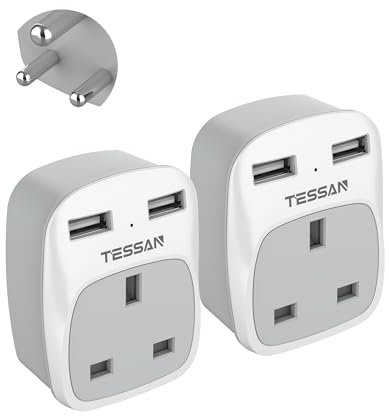 UK to India Plug Adapter 2 Pack, TESSAN Indian Travel Adapter with 2 USB Ports(1 USB C), Plug Socket Adaptor UK to Sri Lanka, Pakistan, Burma, Maldives, Iraq, Namibia, Nepal, Yemen, Zambia (Type D)