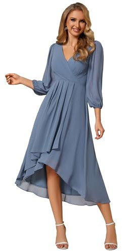 Ever-Pretty Women's V Neck 3/4 Sleeves Pleated A-Line Royal Blue Bridesmaid Dresses Wedding Guest Dusty Navy 10UK