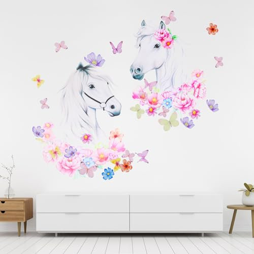 Wandtattoo, Groß Pferdekopf mit Blumen Wanddeko, Selbstklebend Wandaufkleber für Mädchen jungen Babyzimmer, Schlafzimmer, Klassenzimmer, Kindergarten,Wandsticker