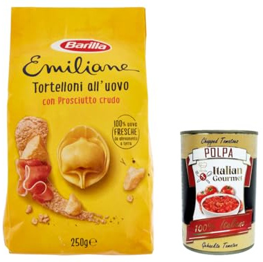 Italian Gourmet Tortelloni Prosciutto Crudo pasta all'uovo gefüllt 6 x 250g | Rohschinkenfüllung, schnell serviert; ripieno saporito con consistenza, Gesamtnettogewicht 1,5 kg + Kostenlos Polpa 400g