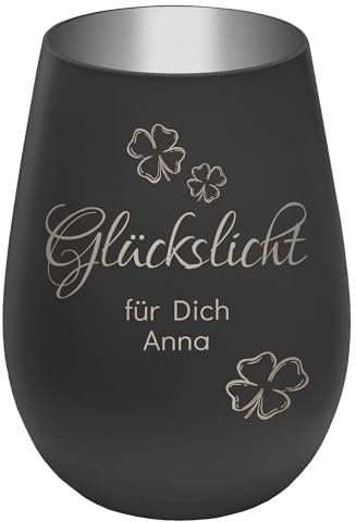Windlicht mit Gravur Glückslicht - personalisierbar mit Wunschtext - Schwarz/Silber - Höhe 12 cm - Geschenk Teelichthalter Kerzenglas