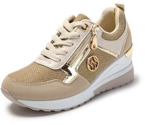 JOMIX Sneakers Donna Casual Scarpe Eleganti Sportive Zeppa Comode da Ginnastica Scarpe Traspirante Leggere da Camminata Fitness Palestra SD9405 (Beige, 36)