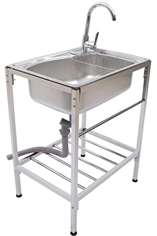 Freistehend Spühlbecken, Spüle Mit Tretlager 60kg Gewicht Kapazität, 60x45cm 304 Edelstahlspül Küchenspüle, 360° drehbarer Warm-und Kaltwasserhahn Komplett mit Waschbecken und Handschuhen