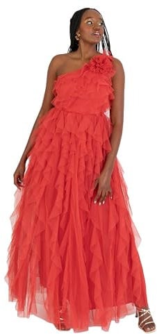 Anaya with Love Womens Maxi Ladies One Shoulder Sleeveless Tiered Ruffle Waterfall A-line Bridesmaid Wedding Guest Prom Ball Gown Dress, Red, 12 UK