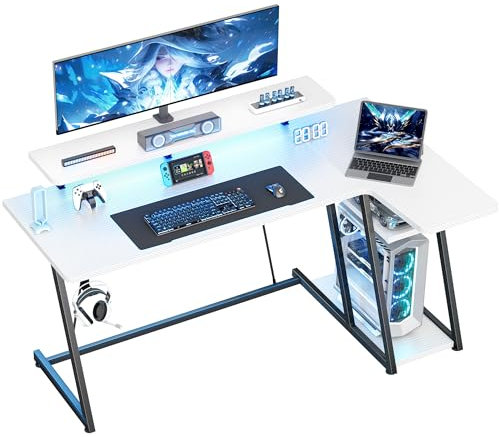 HOMIDEC Gaming Desk with LED Lights, 140CM Computer Desk with Monitor Stand, L Shaped Corner Desk with Headphone Hook and Shelves for Gaming Room, Bedroom, Office, White