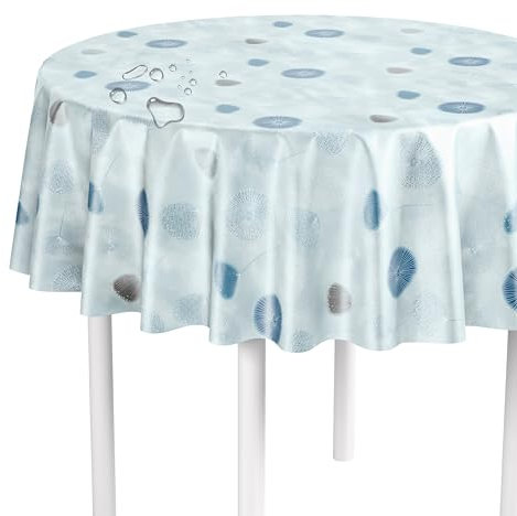 LILENO HOME Nappe lavable au mètre - Ronde (bord coupé) - Motif allium bleu - Imperméable - Idéale comme nappe ou chemin de table pour bancs de bière - 140 cm