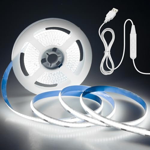 Aclorol USB 5V COB LED Streifen Kaltweiß 6000K 3M 960LEDs Dimmbar LED Band licht CRI85+ Flexibel Streifen Hohe Dichte für TV Hintergrundbeleuchtung Spiegel Schrank Treppe Heimdekoration 8mm Width
